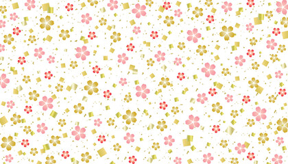 桜の花と金箔紙吹雪の和風背景/赤・桃色・金