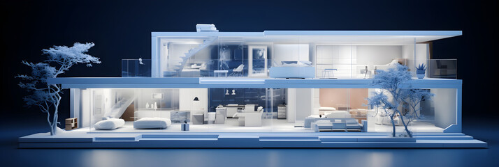 Architectural blueprint and physical model of a modern, eco-friendly residence