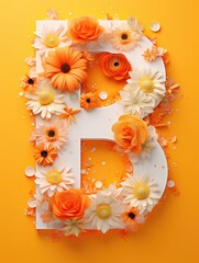 Letter B made of real natural flowers and leaves, on a orange background. Spring, summer and valentines creative idea.