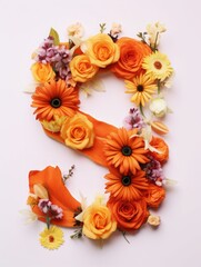 Letter S made of real natural flowers and leaves, on a orange background. Spring, summer and valentines creative idea.