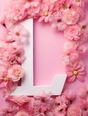 Letter L made of real natural flowers and leaves, on a pink background. Spring, summer and valentines creative idea.