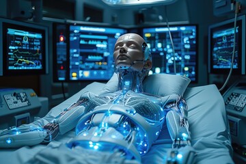 Man Laying in Hospital Bed With Monitors. Generative AI - obrazy, fototapety, plakaty