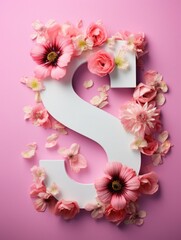 Letter S made of real natural flowers and leaves, on a pink background. Spring, summer and valentines creative idea.