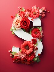Letter S made of real natural flowers and leaves, on a red background. Spring, summer and valentines creative idea.