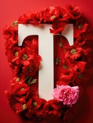 Letter T made of real natural flowers and leaves, on a red background. Spring, summer and valentines creative idea.