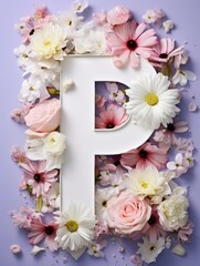 Letter P made of real natural flowers and leaves, on a violet background. Spring, summer and valentines creative idea.