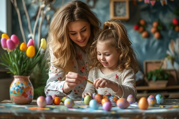 Obraz premium Mother and daughter paint eggs for Easter