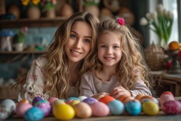 Fototapeta na wymiar Mother and daughter paint eggs for Easter