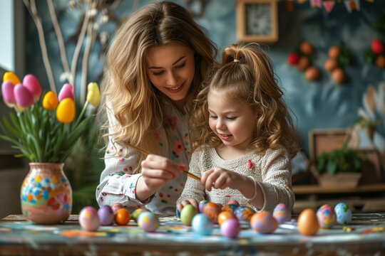 Mother and daughter paint eggs for Easter