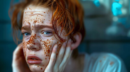 Self-conscious young red-haired, freckled boy looking sad, resting his face on his hand
