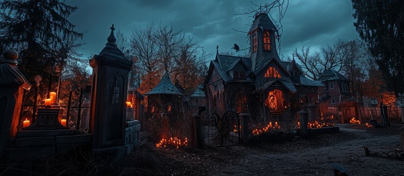 Eerie cemetery scene with old clock tower and spooky graveyard at midnight