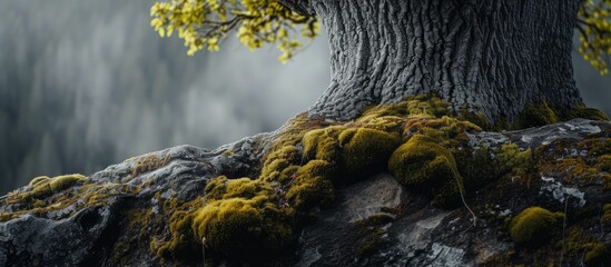 Enchanting old tree covered with luscious green moss in a mystical forest setting - obrazy, fototapety, plakaty