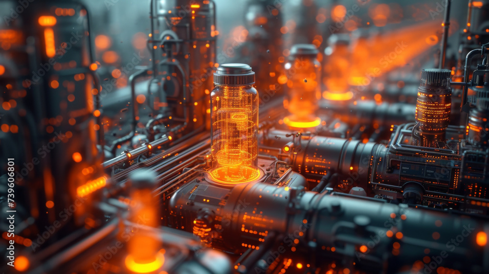 Poster a futuristic factory where data and information are transformed into tangible financial solutions th