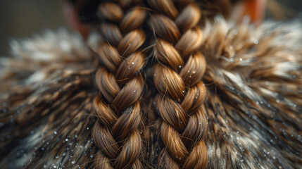 Closeup of intricate braids intertwined with fur.