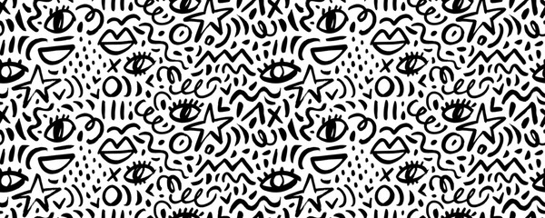 Childish quirky style seamless banner background with doodle shapes and lines.