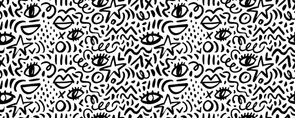 Childish quirky style seamless banner background with doodle shapes and lines.