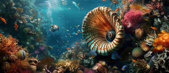 Vibrant underwater world: Majestic fish exploring colorful coral reef habitat - obrazy, fototapety, plakaty