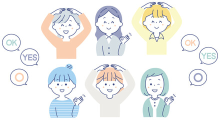 OKのポーズをする若い女性のイラストセット