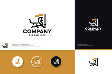 lion holding flag , line art style, minimalist , logo design template.