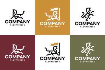 set of minimalist lion , king,power , logo design template.