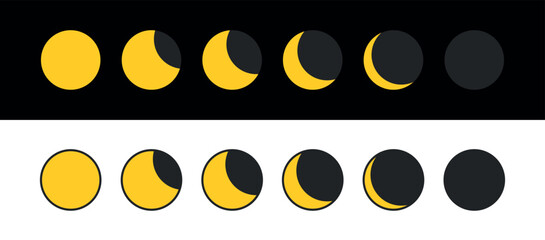 Set of moon or crescent icons. Moon phases, symbol of space and night. Earth satellite with different sun illumination.