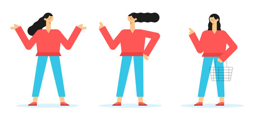 Set of flat funny woman character. Presentation in various action. Vector design. 