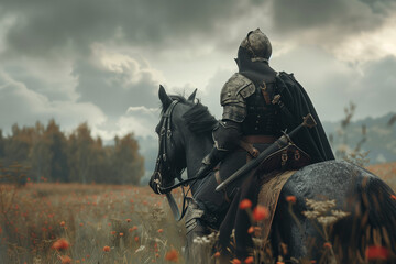 Medieval Knight on a Horse with Sword and Armor - obrazy, fototapety, plakaty