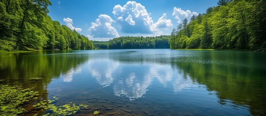 Tranquil lake landscape with serene trees and fluffy clouds on a peaceful day