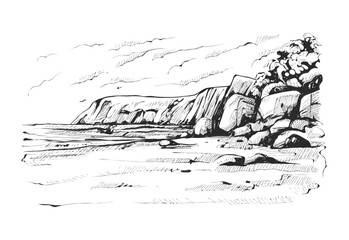 Sketch of the rocky coast. Hand drawn vector illustration - obrazy, fototapety, plakaty