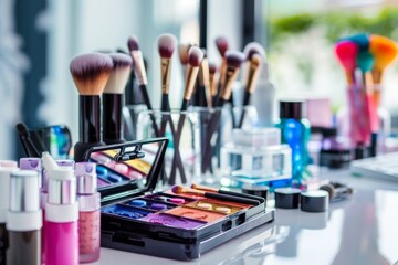 Array of Makeup Brushes on a Table. Generative AI