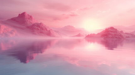 Fototapeta na wymiar まるで天国のようなピンク色の世界。ピンク色の荒野とピンク色の湖