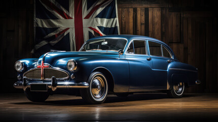 Collector of classic blue cars from the 1940s with the British flag as a background
