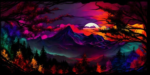 Darks purple sunset, green, orange, blue, red, purlpe, Beautiful autumn forest mountain landscape, colorful leaves, by leonardo da vinci