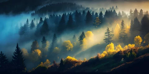 Zelfklevend Fotobehang Mistige ochtendstond mystic fog of punk hue with touches of yellow and blue rises above lush autumn forest on mountain hill at sunrise