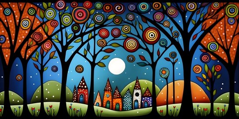 fantasy idyllic magic forest painting style by karla gerard - folk art, whimsical art, naive art, fulcolor