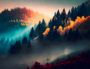 Photo sur Plexiglas Matin avec brouillard mystic fog of punk hue with touches of yellow and blue rises above lush autumn forest on mountain hill at sunrise