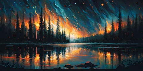 Photo sur Aluminium Matin avec brouillard magical scenic fantasy landscape, boreal forest, lake, aurora borealis and stars reflected in water
