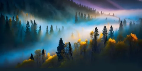 Photo sur Aluminium Matin avec brouillard mystic fog of punk hue with touches of yellow and blue rises above lush autumn forest on mountain hill at sunrise