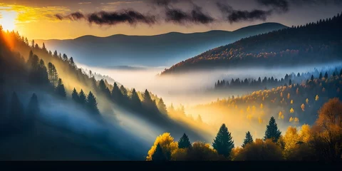 Papier Peint photo autocollant Matin avec brouillard mystic fog of punk hue with touches of yellow and blue rises above lush autumn forest on mountain hill at sunrise