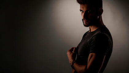 Moody portrait close-up of a attractive young man. Copy space