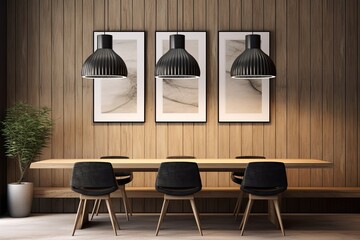 Abstract Wood Paneling Grey Wall Art Poster Ideas: Modern Chic Dining Pendant Lights