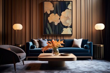 Abstract Wood Paneling Dining Rooms: Velvet Sofa Inspirations & Chic Lounge Space