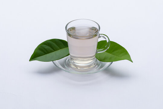 Bay leaf tea on white background, traditional medicine bay leaf