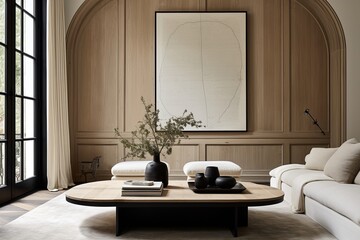 Arched Window Stucco Wall Decor: Minimalist Elegance with Black Coffee Table and Abstract Wood Paneling
