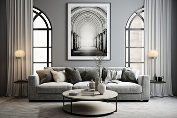 Modern Elegance: Arched Window Stucco Wall Decor Grey Art Poster with Sleek Furniture Styling