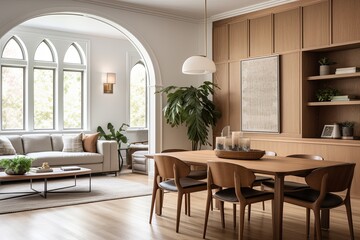 Arched Window Stucco Wall Decor: Modern Dining Room with Open Concept Living and Wood Paneling