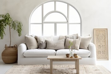 Scandinavian Boho Mix: Arched Window Stucco Wall D�cor with White Sofa and Geometric Rug Patterns