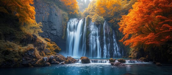 Majestic waterfall cascading down a rocky cliff in a serene natural setting