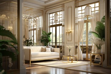 Fototapeta premium Golden Frame Deco: Natural Light Maximizing Home Designs with Clear Glass Panels