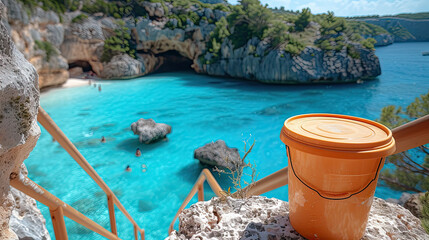 Coral Trash Bin at the Edge of a Bridge: Scenic Cleanup Effort